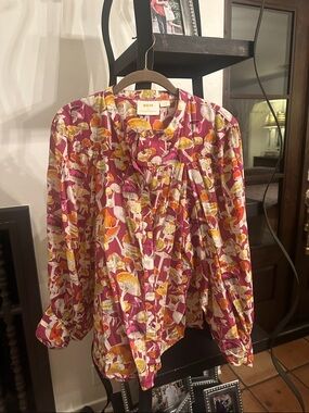 Maeve Berry Floral Button-Up Top with Orange and Cream Accents- Mushrooms